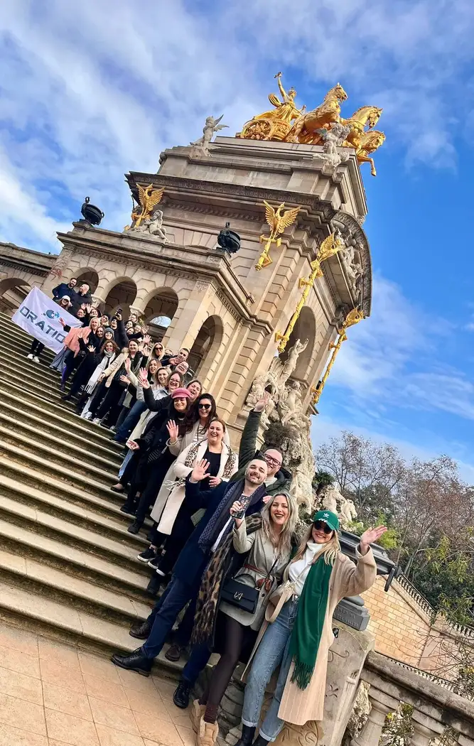 The team on the steps of the Cascada Monumental in Parc de la Ciutadella