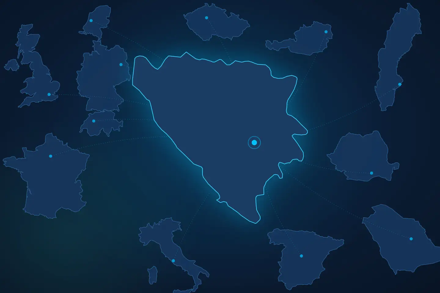 Stylised map of Bosnia and Herzegovina in cyan on a dark blue background